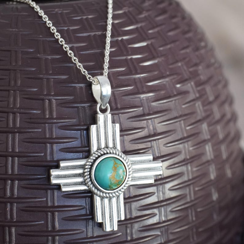 Sterling Silver Kingman Turquoise Zia Cross Pendant Necklace ...