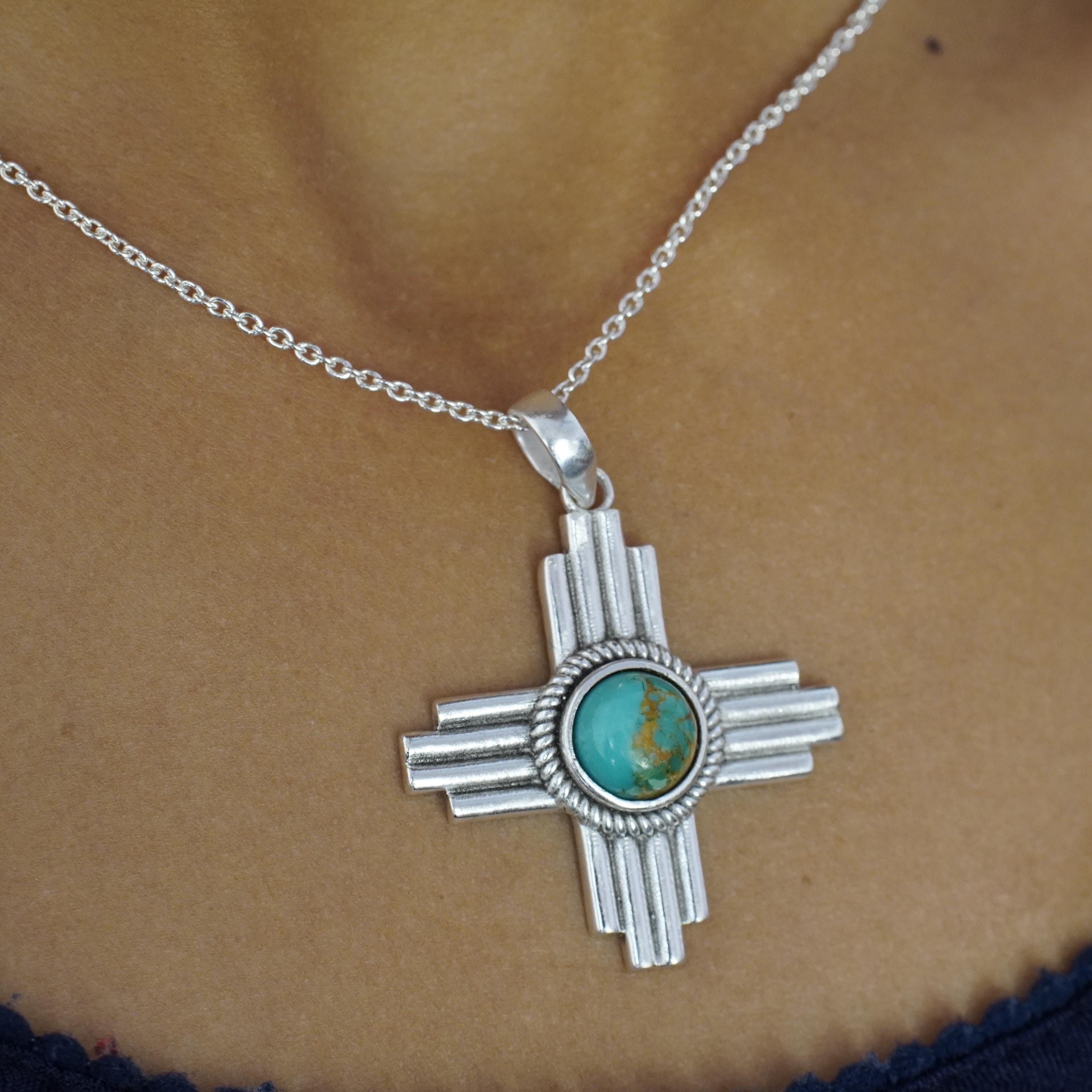 Sterling Silver Kingman Turquoise Zia Cross Pendant Necklace ...