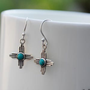 Zia Dangle Earrings - Silver Zia Symbol Earrings With Navajo Turquoise - Southwest Zia Cross Earrings - New Mexico Jewelry - Native Inspired