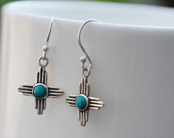 Zia Dangle Earrings - Silver Zia Symbol Earrings With Navajo Turquoise - Southwest Zia Cross Earrings - New Mexico Jewelry - Native Inspired