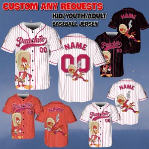 May include: Baseball jerseys with custom name and number options. The jerseys feature a cartoon character design, with the text "Panchito" and "00" on some. Available in red, black, and white with pinstripes. The text "CUSTOM ANY REQUESTS" and "KID/YOUTH/ADULT BASEBALL JERSEY" are visible.