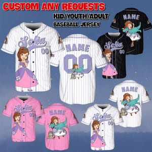 May include: Baseball jerseys in white, black, and pink, featuring a cartoon princess design. The jerseys have the name "Sofia" or "Name" and the number "00" on them. The text "CUSTOM ANY REQUESTS" and "KID/YOUTH/ADULT BASEBALL JERSEY" are at the top.