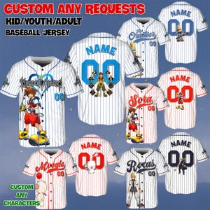 May include: Baseball jerseys with custom designs. The jerseys are white with blue pinstripes, and red pinstripes. Some jerseys have character graphics and text. The text on the jerseys includes "Kingdom Hearts", "Sora", "Moogle", and "Roxas". The jerseys are for kids, youth, and adults.