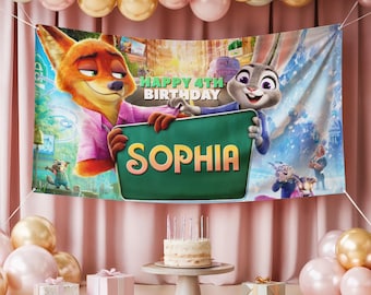 Personalized Zootopia Skyline Birthday Banner, Nick Wilde & Judy Hopps Backdrop, Disney Zootropolis Boy Girl Party Decor, Birthday Wall Art
