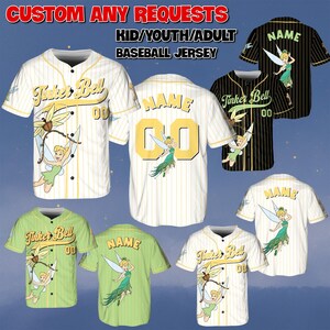 May include: Baseball jerseys with a Tinker Bell theme. The jerseys are available in various colors, including white, green, and black, and feature the text "Tinker Bell" and the number "00". The jerseys also have a graphic of Tinker Bell.