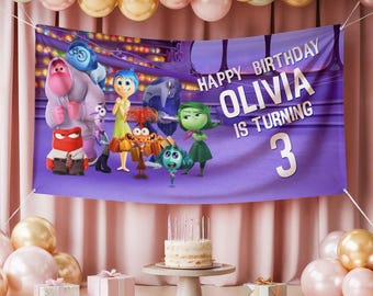 Personalized Inside Out Birthday Banner, Custom Joy & Sadness Backdrop, Emotion Theme Party Decor, Kids Birthday Name Age Wall Hanging