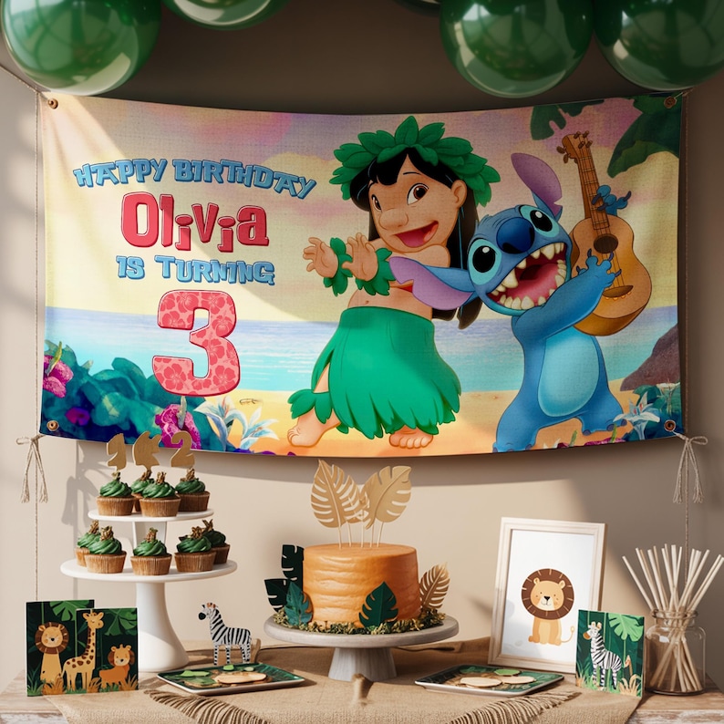 May include: A birthday party scene with a banner featuring Lilo and Stitch, with the text "Happy Birthday Olivia is turning 3." The table includes a cake, cupcakes, and decorations with a tropical theme. Green balloons are at the top.