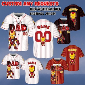 May include: Baseball jerseys with Iron Man graphics. The jerseys are white, red, and black, with pinstripes and the words "SUPPER DAD" and "NAME" on them. The text "CUSTOM ANY REQUESTS" and "KID/YOUTH/ADULT BASEBALL JERSEY" are at the top.