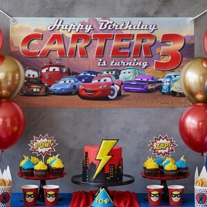 Custom Cars Birthday Banner, Personalized Mater and McQueen Backdrop, Disney Movie Racing Decoration, Kids Name Age Birthday Wall Art image 5