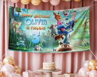 Pancarta de cumpleaños personalizada de Zootopia, telón de fondo personalizado de Judy Hopps y Nick Wilde, decoración para fiestas de Zootrópolis, pancarta de cumpleaños infantil con nombre y edad.