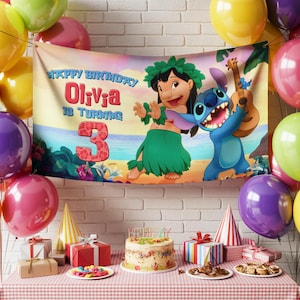 May include: A birthday party scene with a banner featuring Lilo and Stitch characters. The banner reads "Happy Birthday Olivia is Turning 3." Colorful balloons, gifts, a cake, and party hats decorate the table. The scene is set against a brick wall.