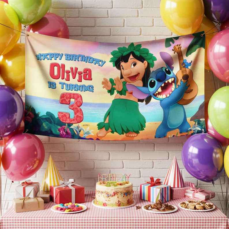 May include: A birthday party scene with a banner featuring Lilo and Stitch characters. The banner reads "Happy Birthday Olivia is Turning 3." Colorful balloons, gifts, a cake, and party hats decorate the table. The scene is set against a brick wall.