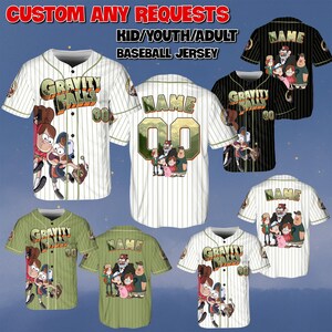 May include: Baseball jerseys with the text "Gravity Falls" and "Name" are displayed. The jerseys are white, black, and green with pinstripes. Each jersey features cartoon characters and the number "00". The text "Custom Any Requests" and "Kid/Youth/Adult Baseball Jersey" are also visible.