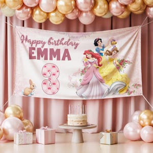 Custom Disney Princess Birthday Banner, Personalized Belle Ariel Aurora Backdrop, Royal Garden Party Decor, Kids Name Age Princess Poster image 1
