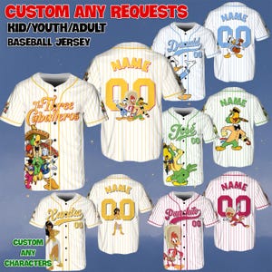 May include: Baseball jerseys with custom character designs. The jerseys are white with vertical stripes and feature various cartoon characters. Text on the jerseys includes "The Three Caballeros", "Donald", "José", "Panchito", and "Kardia". The text "CUSTOM ANY REQUESTS" is also visible.