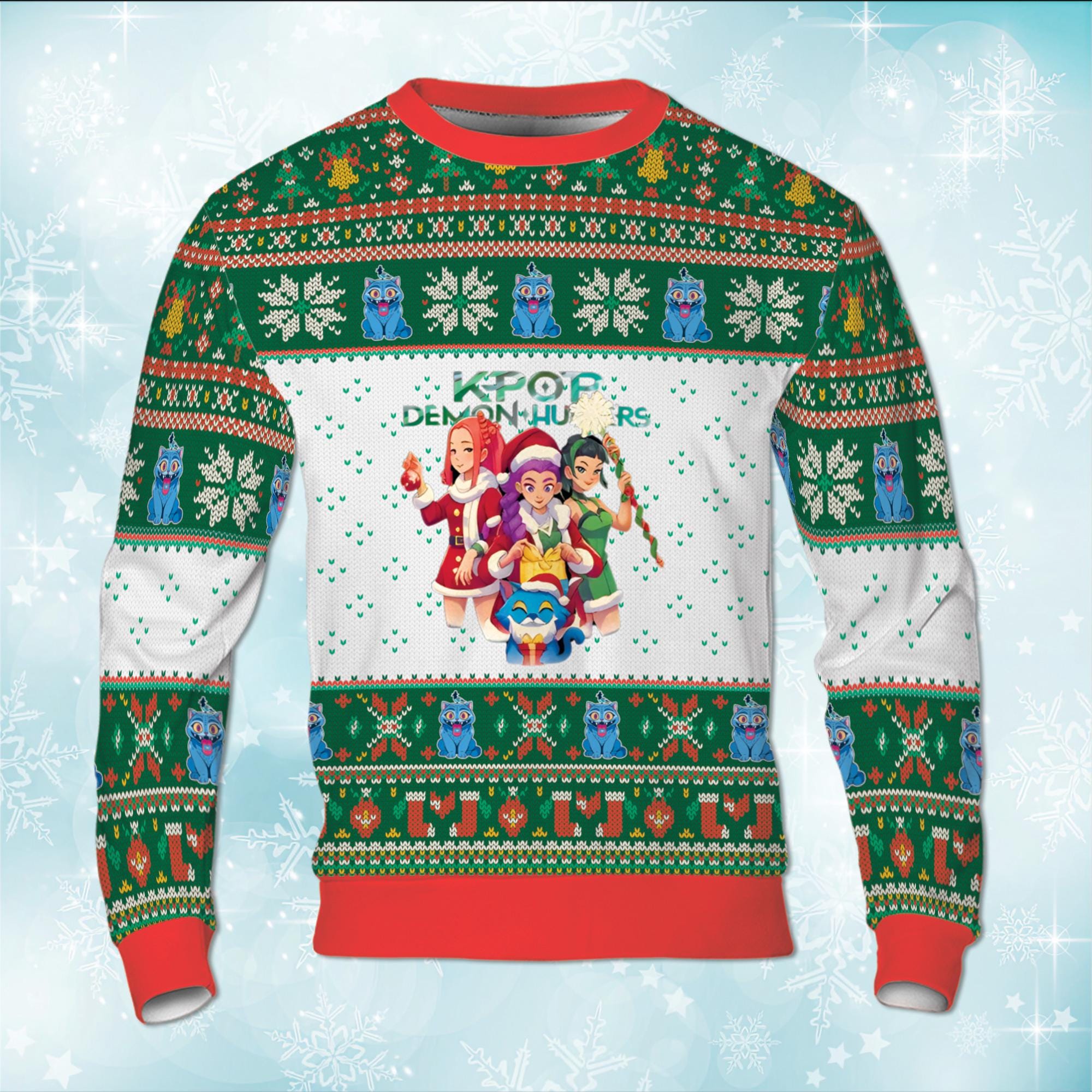 Discover KPop Rumi Ugly Christmas Sweatshirt, Mira Zoey Inspired Santa Sweater, Fictional Blue Derpy Tiger Gift, Adult Youth Matching Outfit