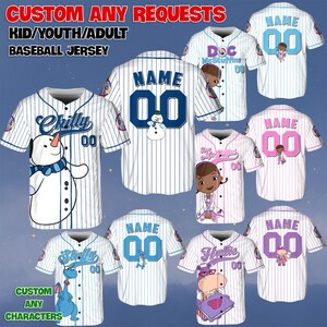 May include: Baseball jerseys with custom designs, including a snowman, cartoon characters, and the text "Chilly." The jerseys are white with blue pinstripes and feature the text "CUSTOM ANY REQUESTS" at the top.