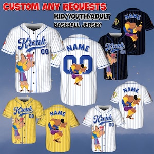 May include: Baseball jerseys in various colors, including white, black, and yellow, with blue and white pinstripes. Each jersey features a cartoon character graphic and the text "Kronk" or "Name" with the number "00". The text "CUSTOM ANY REQUESTS" and "KID/YOUTH/ADULT BASEBALL JERSEY" are also visible.