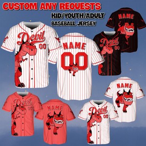 May include: Baseball jerseys with a devil graphic are displayed. The jerseys come in various colors, including red, black, and white, with pinstripes. The text "CUSTOM ANY REQUESTS" and "KID/YOUTH/ADULT BASEBALL JERSEY" are visible.