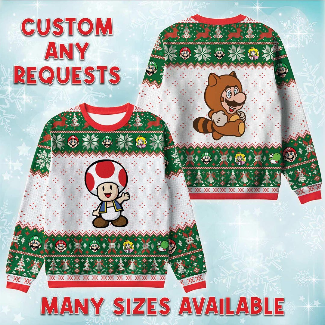 Toad and Tanooki Mario Ugly Christmas Sweater, Nintendo Retro Holiday ...