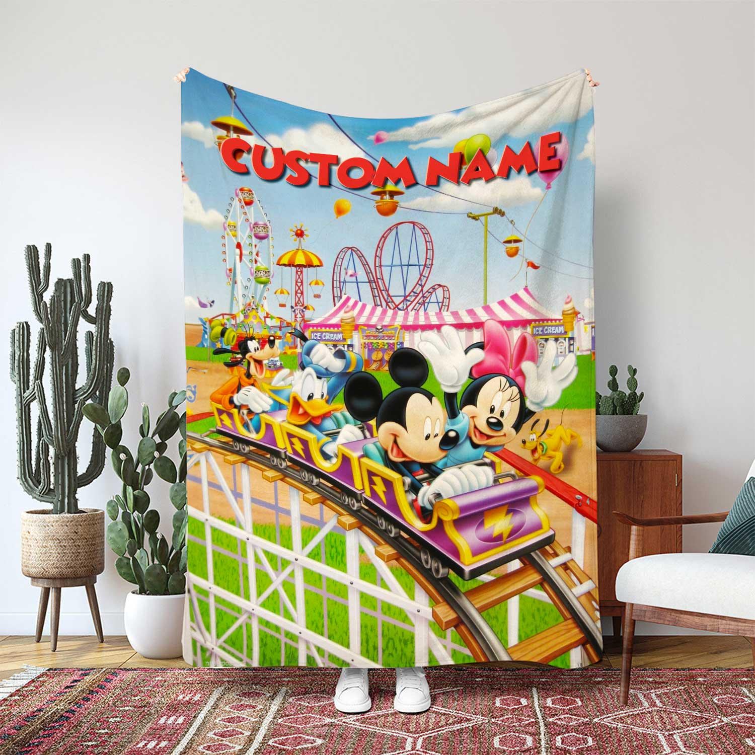Discover Disney Mickey And Friends Blanket, Roller Coaster Ride Blanket, Custom Name Theme Park Blanket, Kids Birthday Party Gift Blanket