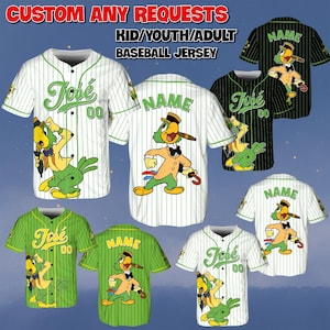 May include: Baseball jerseys in various colors, including white, green, and black, with pinstripes. Each jersey features a cartoon character graphic and the name "José" or "Name" with the number "00". The text "CUSTOM ANY REQUESTS" and "KID/YOUTH/ADULT BASEBALL JERSEY" are also visible.