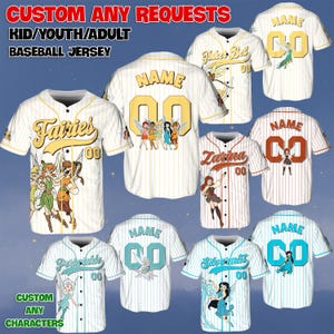 May include: Baseball jerseys with custom designs featuring fairy characters. The jerseys are white with pinstripes and various colors, including yellow, blue, and brown. Text on the jerseys includes "Fairies", "Name", and "00". The image also includes the text "CUSTOM ANY REQUESTS".