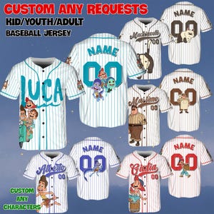 May include: Baseball jerseys with custom designs. The jerseys are white with vertical pinstripes and feature various character designs and names. Text on the jerseys includes "LUCA", "Alberto", "Giulia", and "Machiavelli". The text "CUSTOM ANY REQUESTS" is at the top.