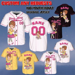 May include: Baseball jerseys in various colors, including white, black, and yellow, with pink and white pinstripes. Each jersey features a cartoon character, the text "Fancy Nancy", and the number "00". The text "CUSTOM ANY REQUESTS" and "KID/YOUTH/ADULT BASEBALL JERSEY" are also visible.