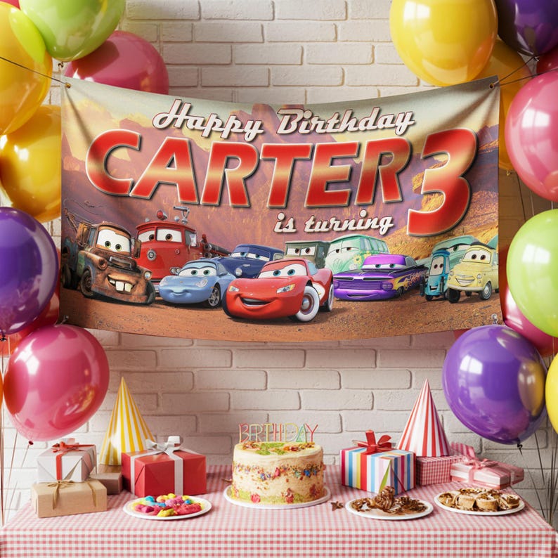Custom Cars Birthday Banner, Personalized Mater and McQueen Backdrop, Disney Movie Racing Decoration, Kids Name Age Birthday Wall Art image 3