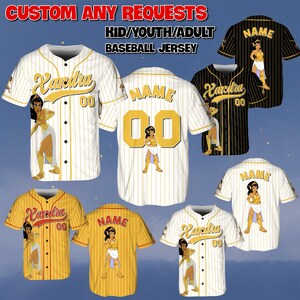 May include: Baseball jerseys with custom designs. The jerseys are white, black, and yellow, with pinstripes and the text "Xardia" and "Name". Each jersey features a cartoon character and the number "00". The text "CUSTOM ANY REQUESTS" and "KID/YOUTH/ADULT BASEBALL JERSEY" are also visible.