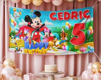 Personalized Mickey Clubhouse Birthday Banner, Custom Cedric Name Backdrop, Disney House Party Decoration, Mickey Mouse Birthday Poster
