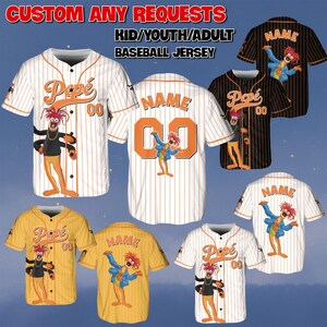 May include: Baseball jerseys in white, black, and yellow with orange and black accents. Each jersey features a cartoon character and the text "Pepé" or "Name" with the number "00". The text "CUSTOM ANY REQUESTS" and "KID/YOUTH/ADULT BASEBALL JERSEY" are at the top.