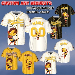 May include: Baseball jerseys with a cartoon bee mascot. The jerseys are white, yellow, and black with vertical stripes. The text "Buzz Buzz" and "00" are on the front. The text "NAME" and "00" are on the back. The text "CUSTOM ANY REQUESTS" and "KID/YOUTH/ADULT BASEBALL JERSEY" are at the top.