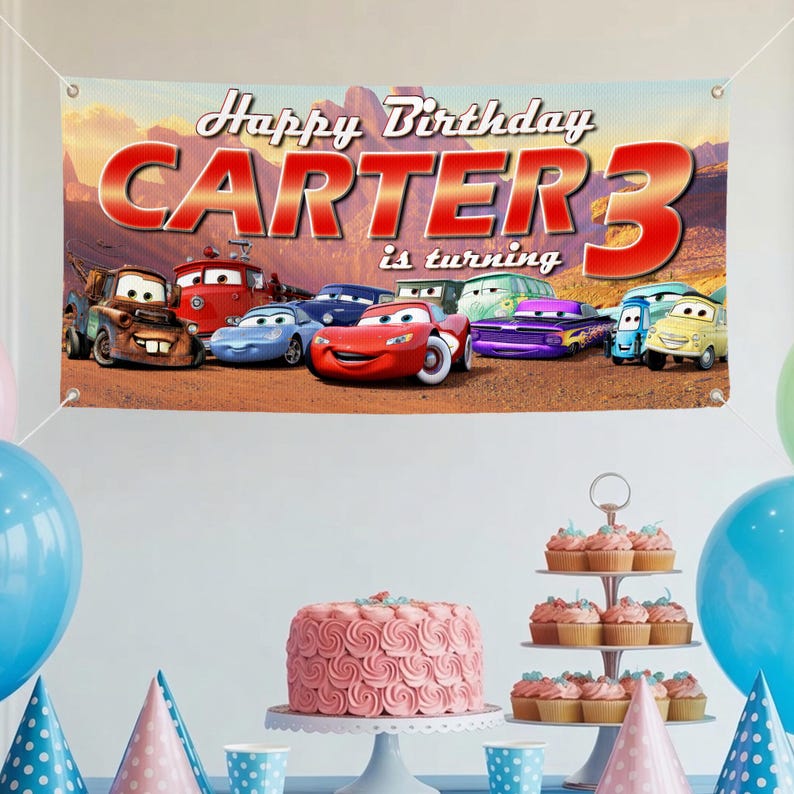 Custom Cars Birthday Banner, Personalized Mater and McQueen Backdrop, Disney Movie Racing Decoration, Kids Name Age Birthday Wall Art image 1