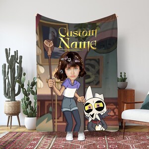 May include: A custom tapestry featuring a cartoon character with a personalized face and the text "Custom Name" in gold. The character is holding a staff and is accompanied by a cartoon dog. The background has a warm color palette.