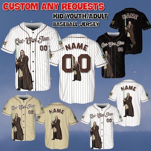 May include: Baseball jerseys with custom text and character designs. The image shows several jerseys in various colors, including white, black, and tan, with pinstripes. The jerseys feature the text "Qui-Gon Jinn" and the number "00". The top text reads "CUSTOM ANY REQUESTS".
