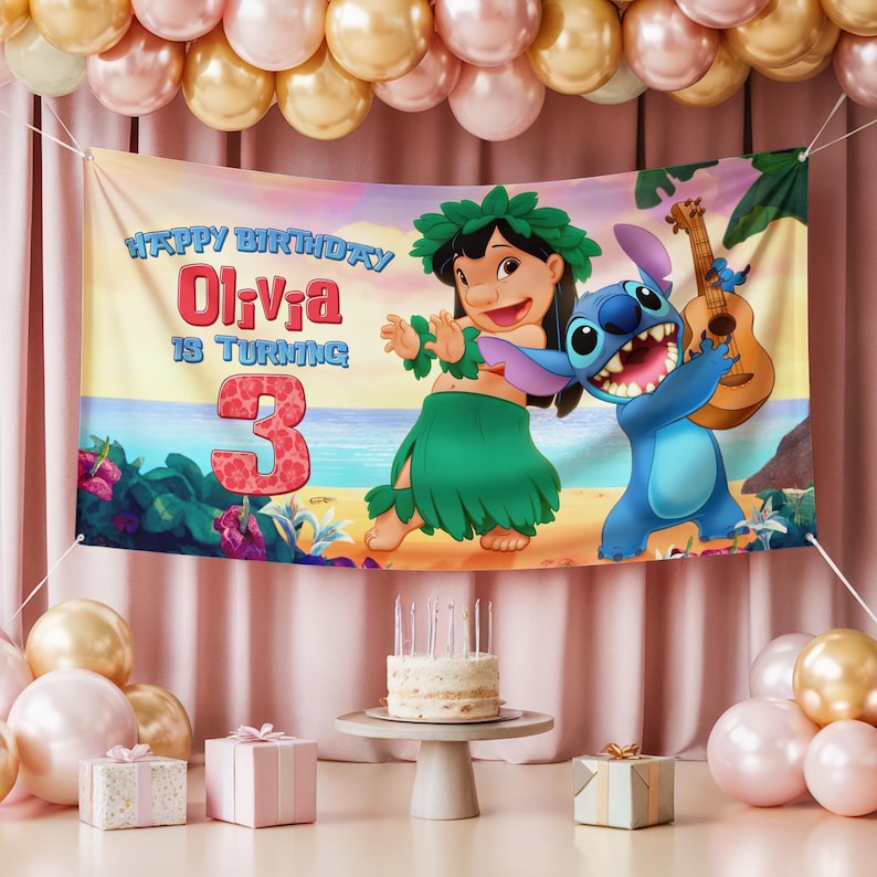 May include: A banner with the text "Happy Birthday Olivia is turning 3" featuring Lilo and Stitch characters. The banner is decorated with a beach scene and is part of a birthday party setup with balloons, gifts, and a cake.