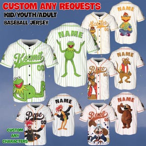 May include: Baseball jerseys with various Muppet characters, including Kermit, Pepe, and Rizzo. The jerseys are white with pinstripes and feature character names and numbers. Text on the image reads "CUSTOM ANY REQUESTS" and "KID/YOUTH/ADULT BASEBALL JERSEY."