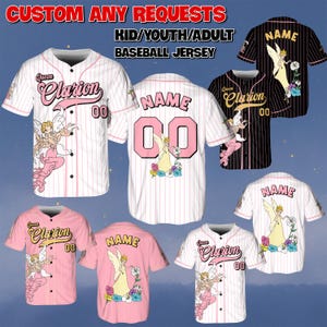 May include: Baseball jerseys in various colors, including white, pink, and black, with custom designs. The jerseys feature the text "Queen Clarion" and "NAME" with the number "00". The image also includes the text "CUSTOM ANY REQUESTS" and "KID/YOUTH/ADULT BASEBALL JERSEY".