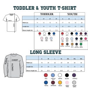 Puede incluir: Tabla de tallas de camisetas para ni&ntilde;os peque&ntilde;os, j&oacute;venes y manga larga. Incluye medidas en pulgadas para ancho, largo y largo de manga. Tambi&eacute;n se enumeran opciones de color como rojo, blanco, negro y morado.