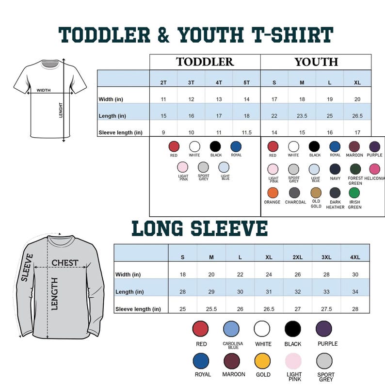 Puede incluir: Tabla de tallas de camisetas para ni&ntilde;os peque&ntilde;os, j&oacute;venes y manga larga. Incluye medidas en pulgadas para ancho, largo y largo de manga. Tambi&eacute;n se enumeran opciones de color como rojo, blanco, negro y morado.