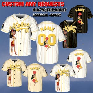 May include: Baseball jerseys with custom designs. The jerseys are white, black, and cream-colored, with vertical stripes. The jerseys feature the name "Malina" and the number "00" on the front. The text "CUSTOM ANY REQUESTS" and "KID/YOUTH/ADULT BASEBALL JERSEY" are visible.