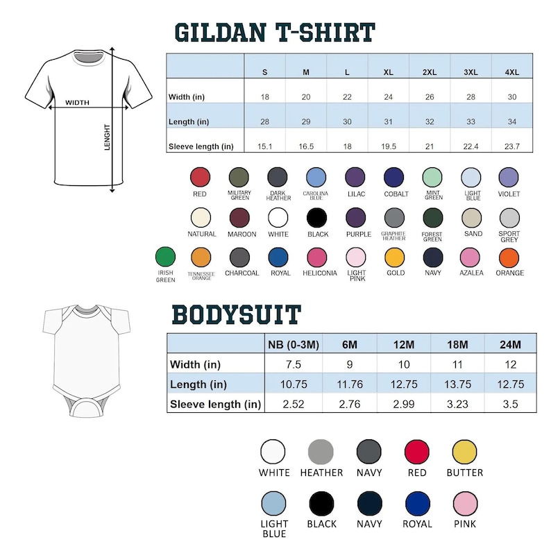 Puede incluir: Un diagrama que muestra las medidas de las camisetas y bodies Gildan. Las tallas de camisetas van de la S a la 4XL, con medidas en pulgadas para el ancho, el largo y el largo de la manga. Las tallas de body son NB (0-3M) a 24M.