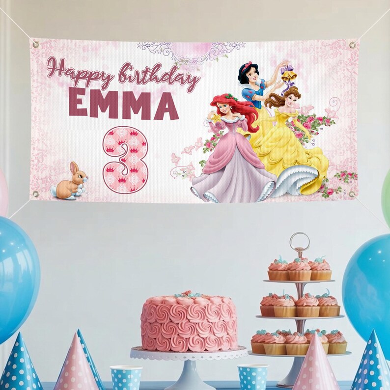 Custom Disney Princess Birthday Banner, Personalized Belle Ariel Aurora Backdrop, Royal Garden Party Decor, Kids Name Age Princess Poster image 2