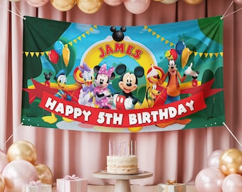 Personalized Mickey And Friends Birthday Banner, Disney Clubhouse Backdrop, Custom Name & Age Birthday Decor, Mickey Mouse Party Supplies