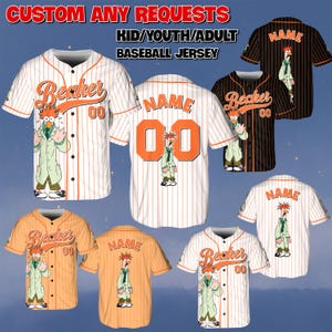 May include: Baseball jerseys with the character Beaker and the text "Beaker" and "00". The jerseys are available in various colors, including white, orange, and black, with vertical stripes. The text "CUSTOM ANY REQUESTS" and "KID/YOUTH/ADULT BASEBALL JERSEY" are at the top.
