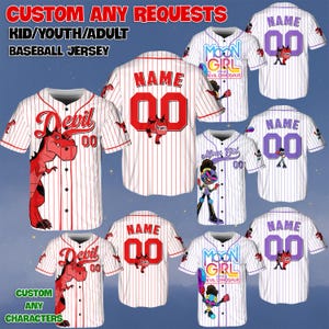 May include: Baseball jerseys with custom designs. The jerseys are white with red pinstripes and feature various cartoon characters, names, and numbers. Text on the jerseys includes "Devil", "Moon Girl and Devil Dinosaur", and "Custom Any Requests".