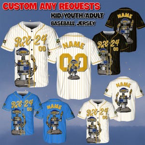 May include: Baseball jerseys in various colors, including white, blue, and black, with a robot graphic and the text "RX-24 00". The jerseys are customizable and feature the text "CUSTOM ANY REQUESTS" and "KID/YOUTH/ADULT BASEBALL JERSEY".