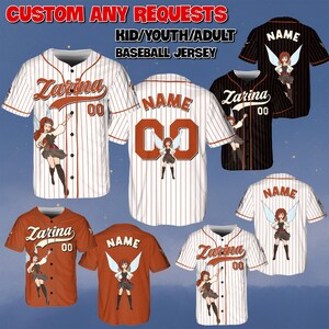 May include: Baseball jerseys in various colors, including white, black, and orange, with custom text and fairy graphics. The jerseys feature the text "Zarina" and "00", and the option to add a name. The image also includes the text "CUSTOM ANY REQUESTS" and "KID/YOUTH/ADULT BASEBALL JERSEY".
